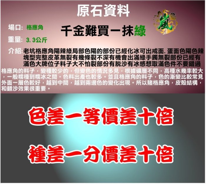 ♪嵐翡翠原石坊❦緬甸翡翠原石老坑格應角陽辣綠局部色陽的部份已經化冰可出戒面.蛋面色陽色辣塊型完整皮革無裂有幾條裂不深