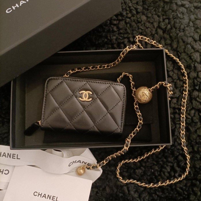 Chanel 香奈兒 黑色拉鍊卡片包 零錢包 金球 金球小廢包 可當胸口包腰包肩背斜背