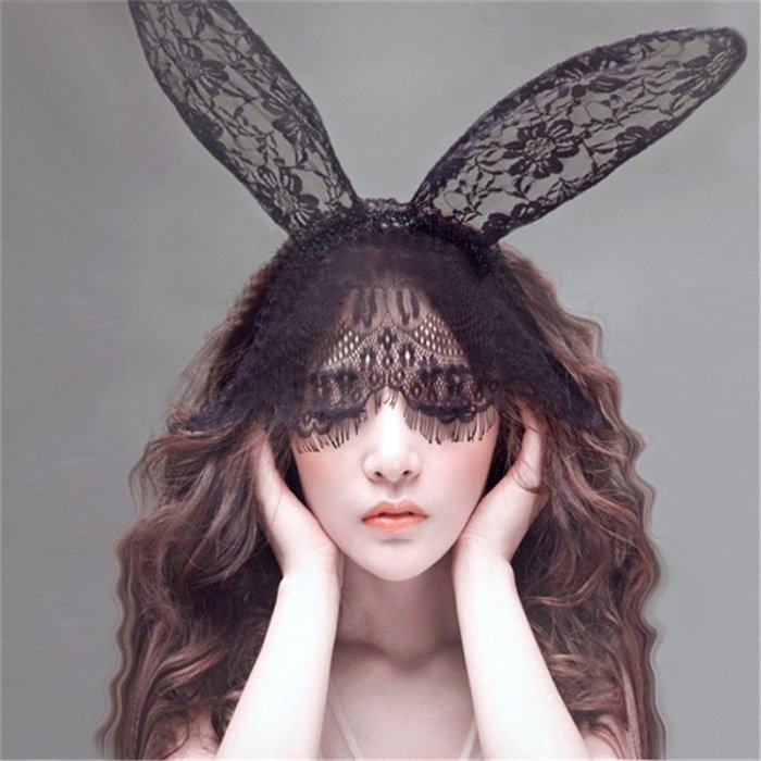 蕾絲透明頭飾面紗兔耳朵髮箍另類兔女版大耳朵髮飾