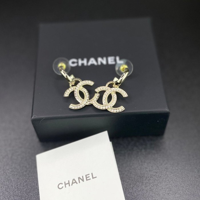 【翰貝格名牌館】全新真品 CHANEL 淡金色 水鑽 雙C  垂吊 針式 耳環