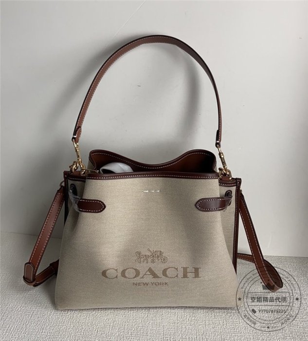 空姐精品代購 美國直郵 COACH CH190 Hanna shoulderbaq 蔻馳奧萊新款馬鞍色帆布 小號女士 水桶包 單肩斜挎 手提女包 側背包 附購證