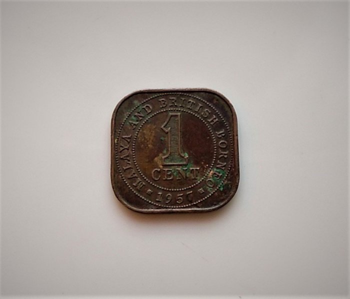 稀少 1957 年 英屬 馬來亞 伊麗莎白 Malaysia 馬來西亞 1分 1 cent 四 方型 銅幣 古 錢幣 .