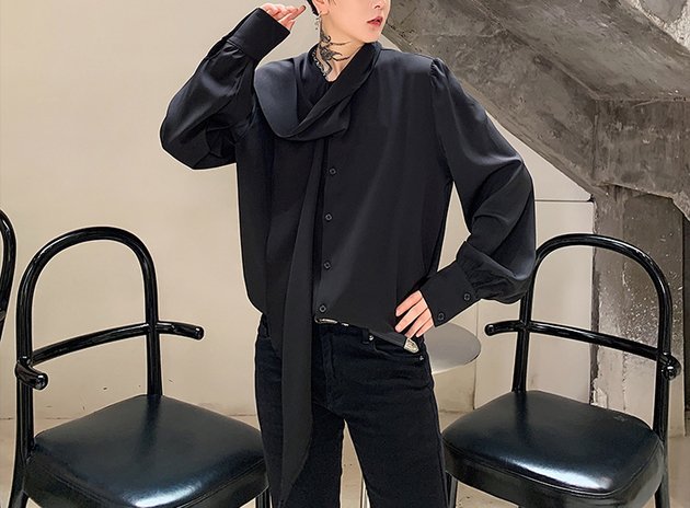 FINDSENSE 2019 秋季上新 G19 日系簡約黑白純色精緻領帶氣質時尚長袖襯衫素面襯衫 男裝 上衣