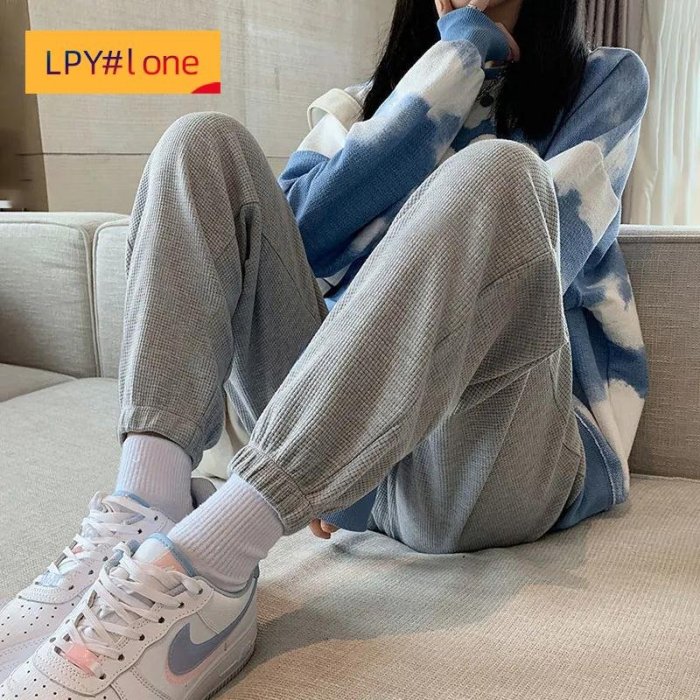 女性哈倫灰色運動褲華夫格運動褲【LPY#lone】