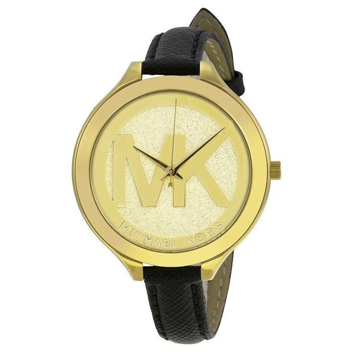 [永達利鐘錶 ] MICHAEL KORS 手錶 大MK logo面腕錶/金面黑皮帶/ 42mm MK2392