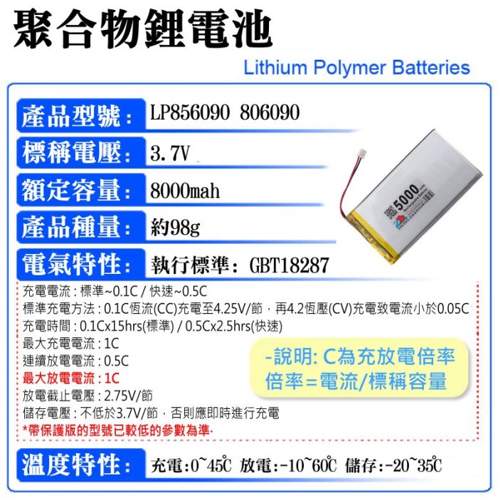 【台灣現貨】3.7V聚合物鋰電池 8000mAh 856090（二線/XH2.54插頭）＃A02027 充電鋰電池