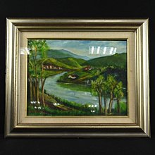 《玖隆蕭松和 挖寶網L》B倉 木框 黃則培 風景 河邊 山水 油畫   (09145)