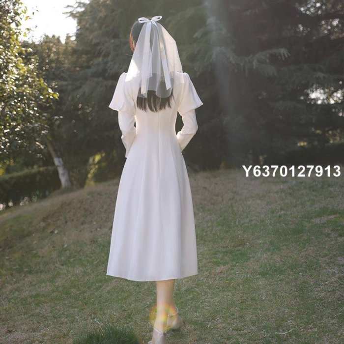 【熱賣精選】法式輕婚紗簡約森系超仙旅拍連衣裙出門紗領證登記日常小白裙禮服