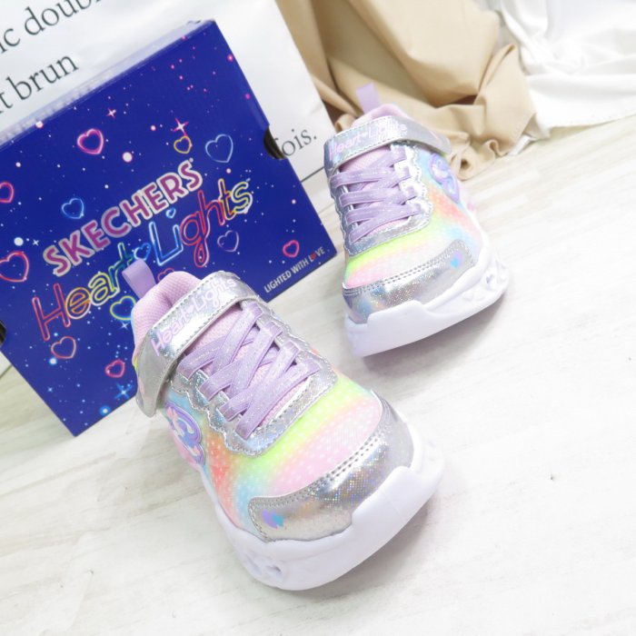 Skechers 買鞋送襪 FLUTTER HEART LIGHTS 中童鞋 302315LSMLT 銀【iSport】