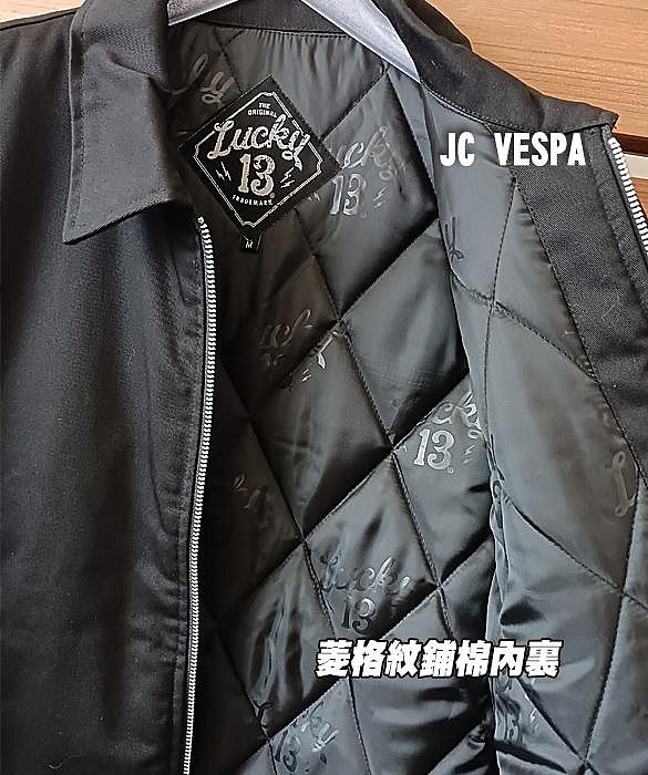 【JC VESPA】美國Lucky13 男款鋪棉外套 黑(S) 背面美式街頭 豺狼 個性刺繡大圖案 騎士防寒外套 立領拉鍊外套