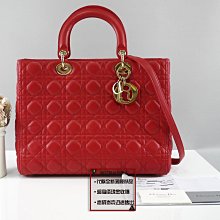優買二手精品名牌店 Christian Dior LADY 紅色羊皮菱格金釦大款 肩背包購物包黛妃包手提包斜背包 美品二