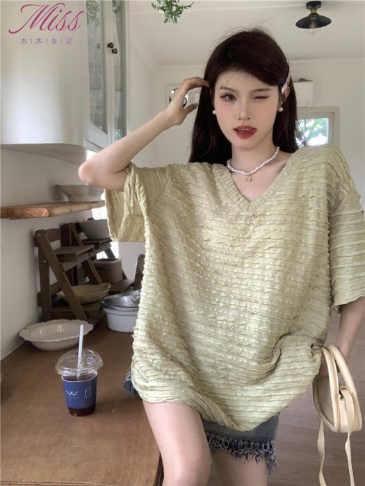 V領短袖T恤女夏季韓版2023新款慵懶風寬松中長款設計感大版上衣潮