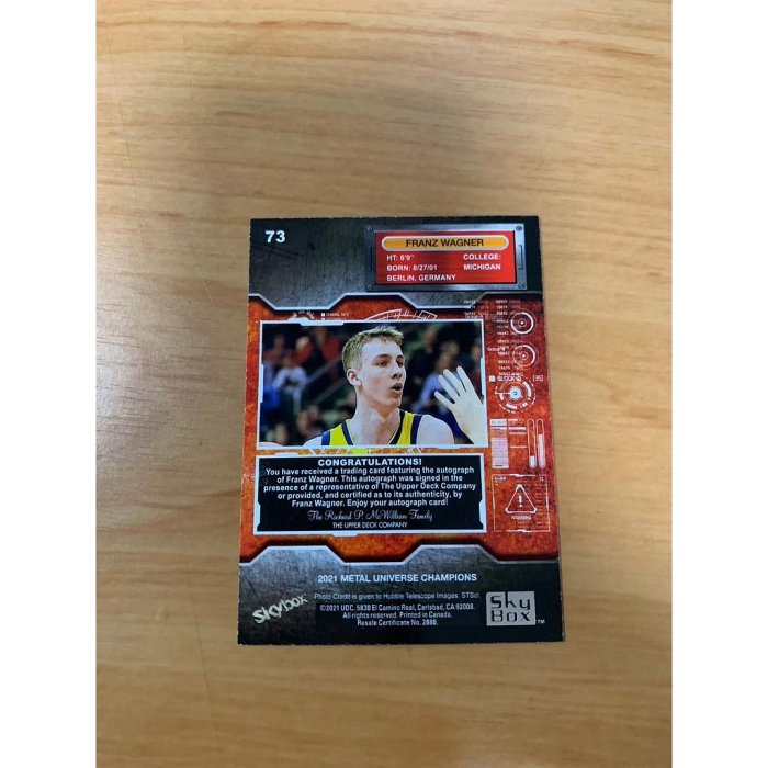 Franz Wagner Skybox Universe Metal 球員卡 NBA RC 新人 簽名