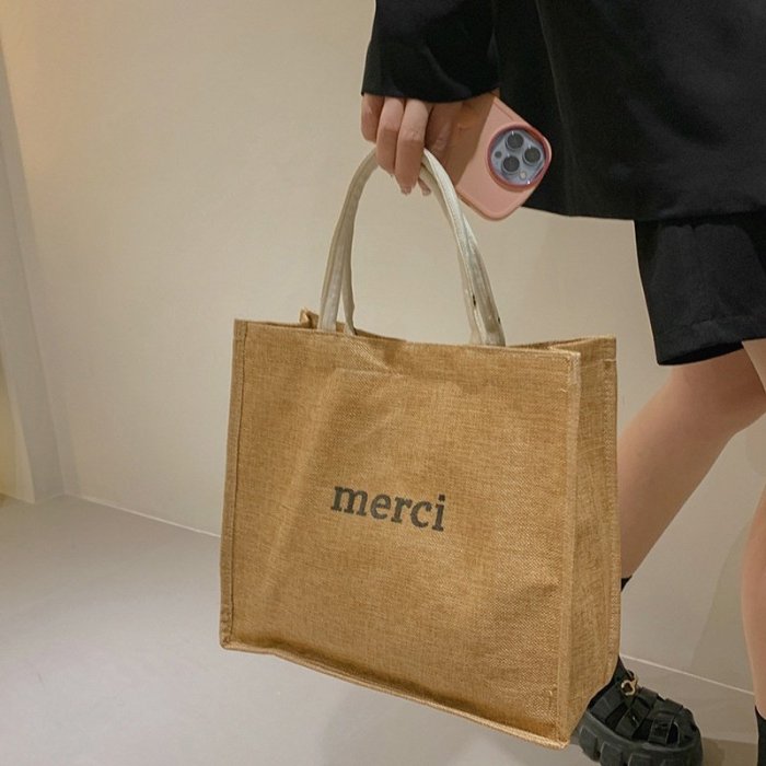 韓版麻布編織大容量托特包包女2023新款時尚購物袋休閒單肩手提包-麥德好服裝包包