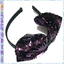 ☆POLLY媽☆歐美進口垂吊深紫色方形亮片網眼紗大蝴蝶結(10×20cm)包緞窄版髮箍