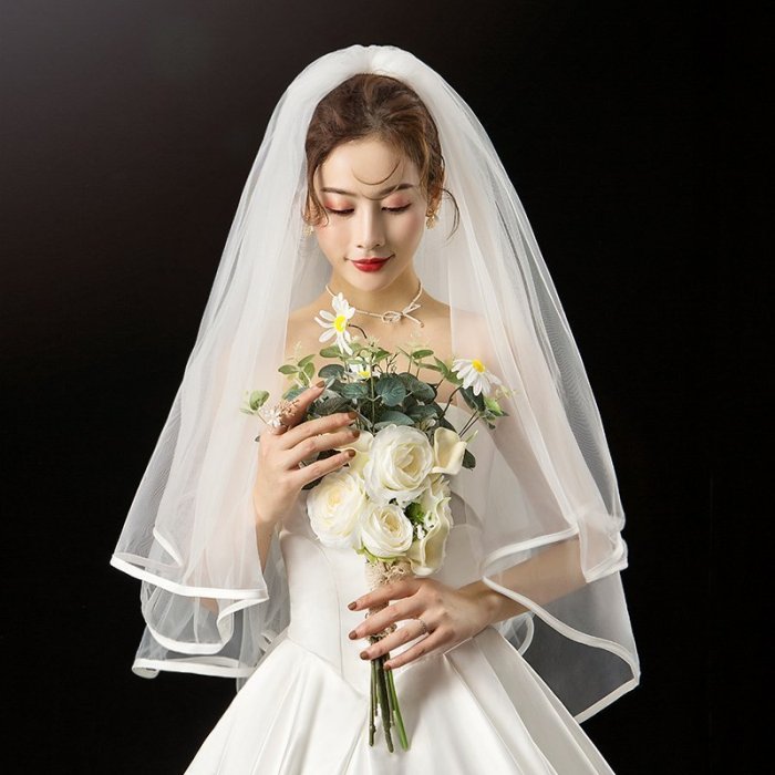 頭紗韓式新娘蓬蓬頭紗多層婚紗新款結婚包邊頭紗簡約短款韓式旅拍頭紗,特價