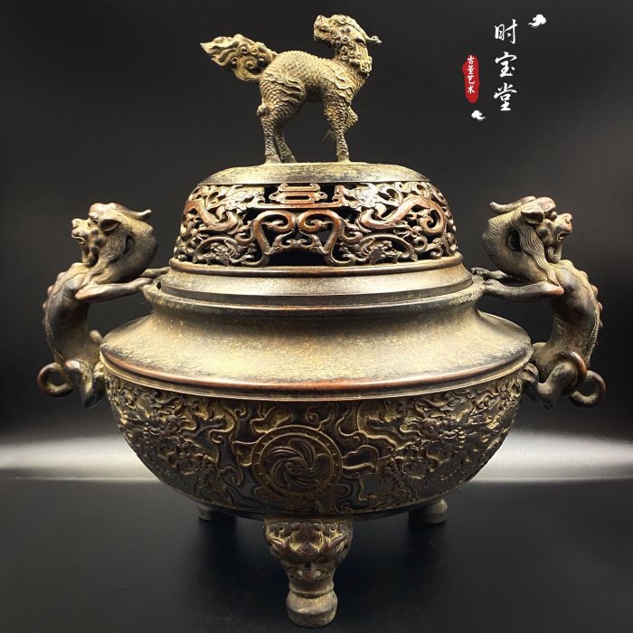 【廃盤商品】中国美術 中国古玩 黄銅 銅器 銅製 獅子摘火屋 香炉 香爐 骨董 香道具 茶道具 煎茶道具 重量1880ｇ 古美術品 その他