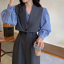 ＳｅｙｅＳ  復古韓系時尚單扣西裝背心+泡泡袖襯衫+直筒裙套裝