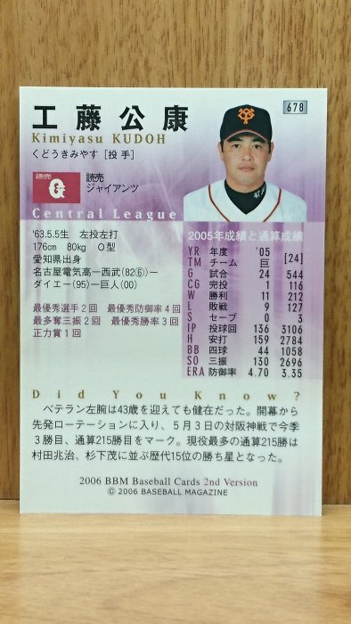 （收藏家的卡）~2006BBM 2nd 巨人【工藤公康】球員卡