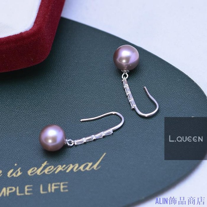 ALIN飾品商店淡水珍珠完美圈強光細瑕紫珍珠s925簡約女耳釘耳釘
