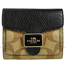 金鐸精品~2196 COACH C7805 黑色皮革紋與駝色C-LOGO帆布三折短夾 全新品