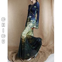 CHIC U 歐美時尚藝術感油畫印花洋裝復古性感露背魚尾裙顯瘦顯高連身裙女B072231116