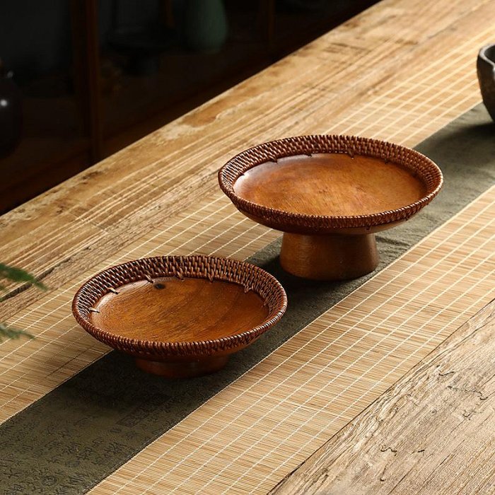 胡桃木藤編果盤中式茶點盤藤編糕點盤手工收納小盤子復古茶道日式