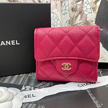 《真愛名牌精品》CHANEL AP0712 梅紅色荔枝皮 淺金扣 扣子拉鍊 三折短夾 *全新品*代購