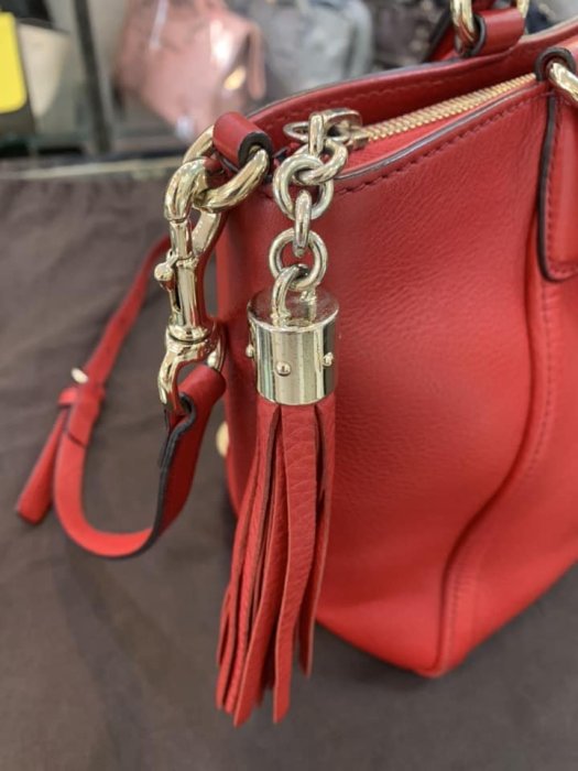 女人街國際精品*GUCCI 經典款 369176 SOHO 紅色 全皮革 大Logo 金釦 流蘇手提 斜背包