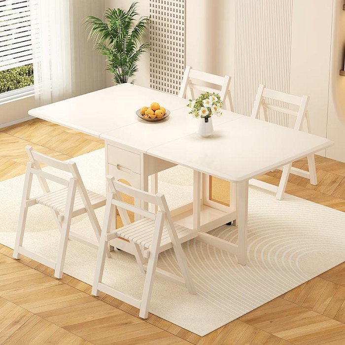 餐桌奶油風全實木餐桌可折疊移動現代簡約小戶型伸縮多功能收納飯桌子