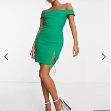 (嫻嫻屋) 英國ASOS-Vesper優雅時尚名媛綠色一字領合身交叉繫帶邊裙洋裝禮服 PI22