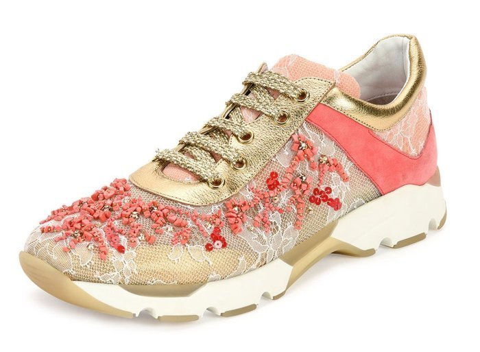 Rene Caovilla Beaded Lace & Leather Sneaker 手工蕾絲鑲珊瑚 休閒鞋