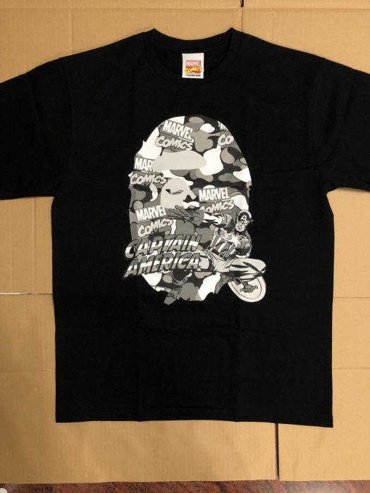 BAPE® x MARVEL CAMO CAPTAIN AMERICA EX TEE 漫威美國隊長黑白XL