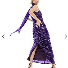 (嫻嫻屋) 英國ASOS- Labelrail  紫色亮片V領領巾無袖抓皺長裙洋裝禮服EL23