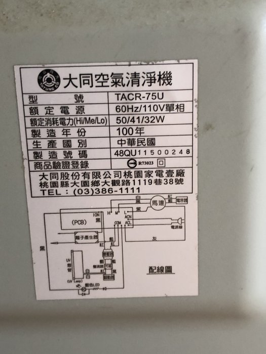 大同 清淨機 空氣清淨機 負離子 陰離子 光觸媒 定時