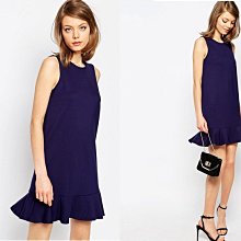 (嫻嫻屋) 英國ASOS新品-優雅時尚名媛OL 圓領寬鬆修飾荷葉邊邊裙藍色無袖洋裝 現貨UK14