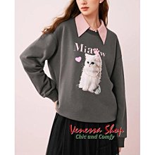 小V私家~ 歐單 2024新款 法式甜美珍珠貓咪 寬鬆百搭圓領衛衣T恤上衣 大碼 (E1635)