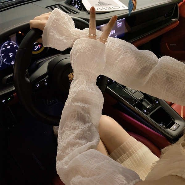 夏季戶外開車冰絲袖套寬鬆百搭防晒白色絲袖套手套防紫外線冰袖-麥德好服裝包包