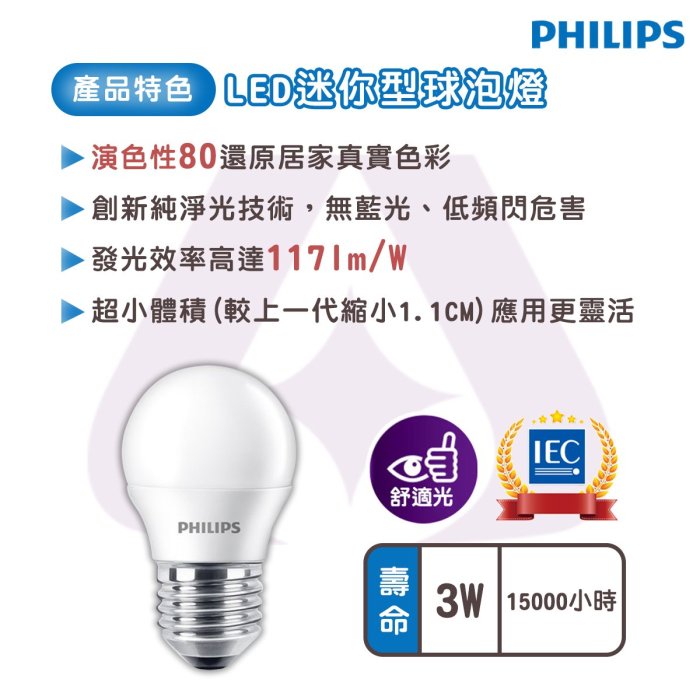 〖飛利浦〗 迷你型 LED燈泡 3W 全電壓 【光彩照明】PPH-LED-3W-E27%