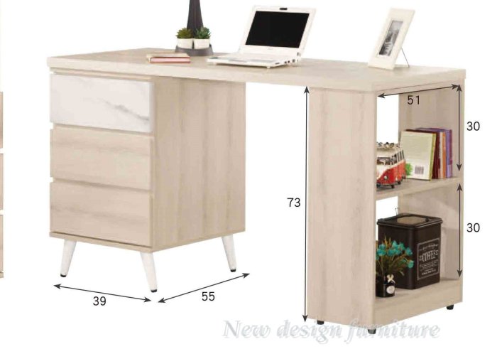 【N D Furniture】台南在地家具-木心板木紋拼石紋雙色半開放式4.4尺三抽書桌TH