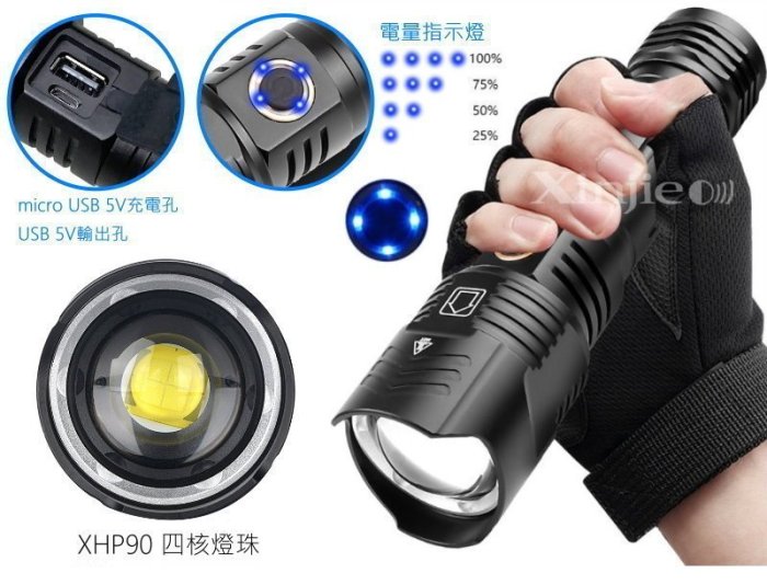 信捷【A98黑套】XHP90 強光手電筒 伸縮變焦調焦 四核燈珠LED 登山 露營 巡邏工作燈 超越 L2P50 P70