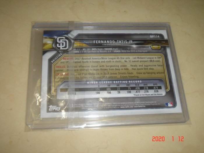 美國職棒 Padres Fernando Tatis JR.  2018 Bowman #BP114 球員卡