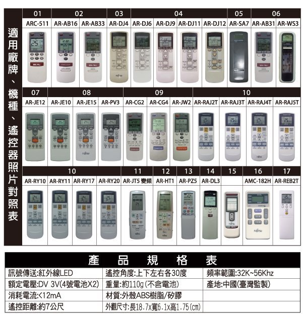 FUJITSU富士通冷氣遙控器適用 AR-PZ5 AR-DL3 AR-DJ12 AR-HT1 AR-REB2T