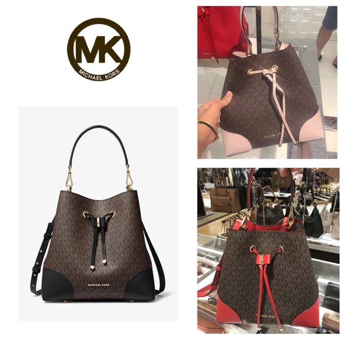 美國正品MICHAEL KORS MK mercer gallery秋冬新款撞色皮革抽繩水桶包斜跨包