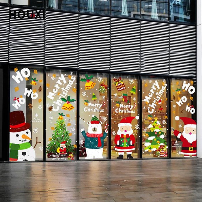 圣誕節氛圍布置卡通圣誕老人雪人圣誕樹女裝服裝店靜電玻璃門貼紙-奇點家居