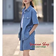 VENESSA~ 新款 休閒復古小香風 短袖襯衫+短褲牛仔套裝 大碼 2色 (T1883)