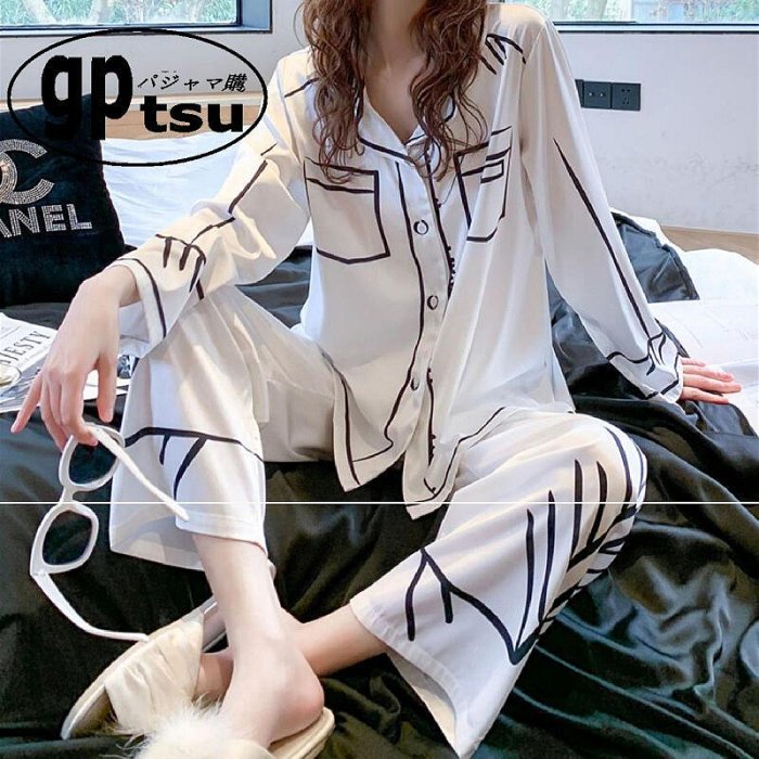 創客優品  日本GP睡衣女夏款情侶冰絲白色長袖薄款情調印花套裝高級感可外穿NY1857