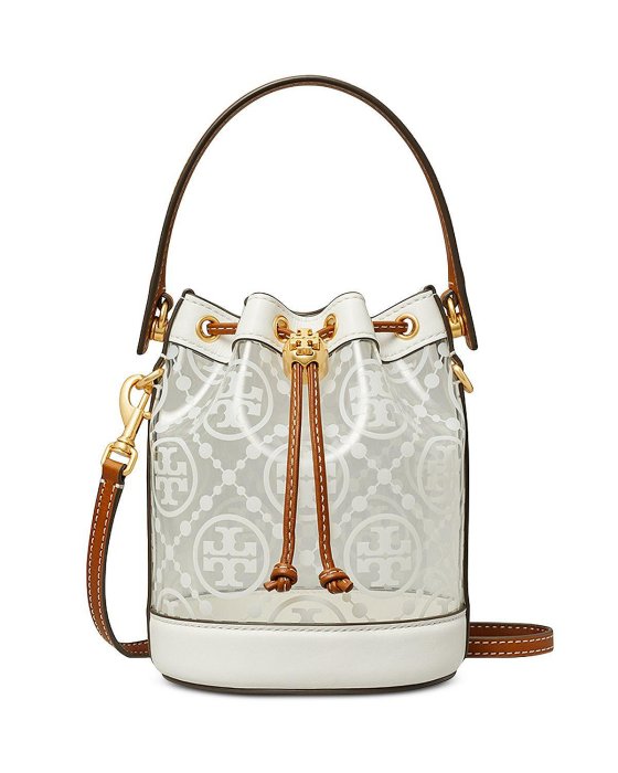 【TORY BURCH】專櫃款 T MONOGRAM 漆皮束口手提/斜背二用水桶包-半透明款/迷你款