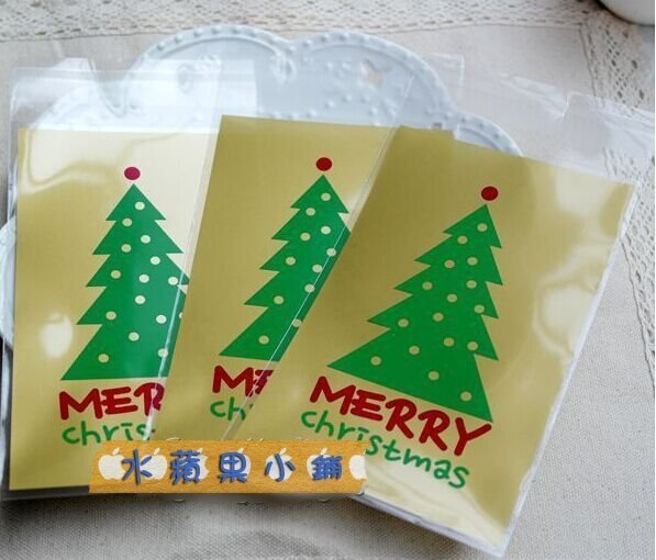 ＊水蘋果＊ K-161 金色底 聖誕樹 自粘袋 點心袋 餅乾袋 禮物 包裝袋 喜糖袋(9.5*15) 2個