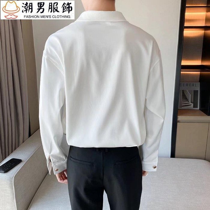 新品 polo衫男 黑白M-2XL 夏男士 青年港風 彈力素色翻領長袖T恤 垂墜感鈕扣襯衫-可開發票